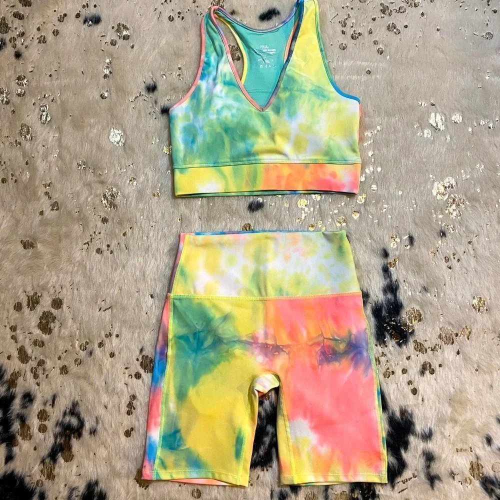 ZENANA Neon Green and Blue Biker Shorts Activewear Set - Picture 1 of 7